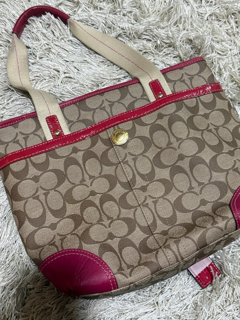 Coach Beige Signature Canvas Tote with Pink Trim - Picture 5 of 6